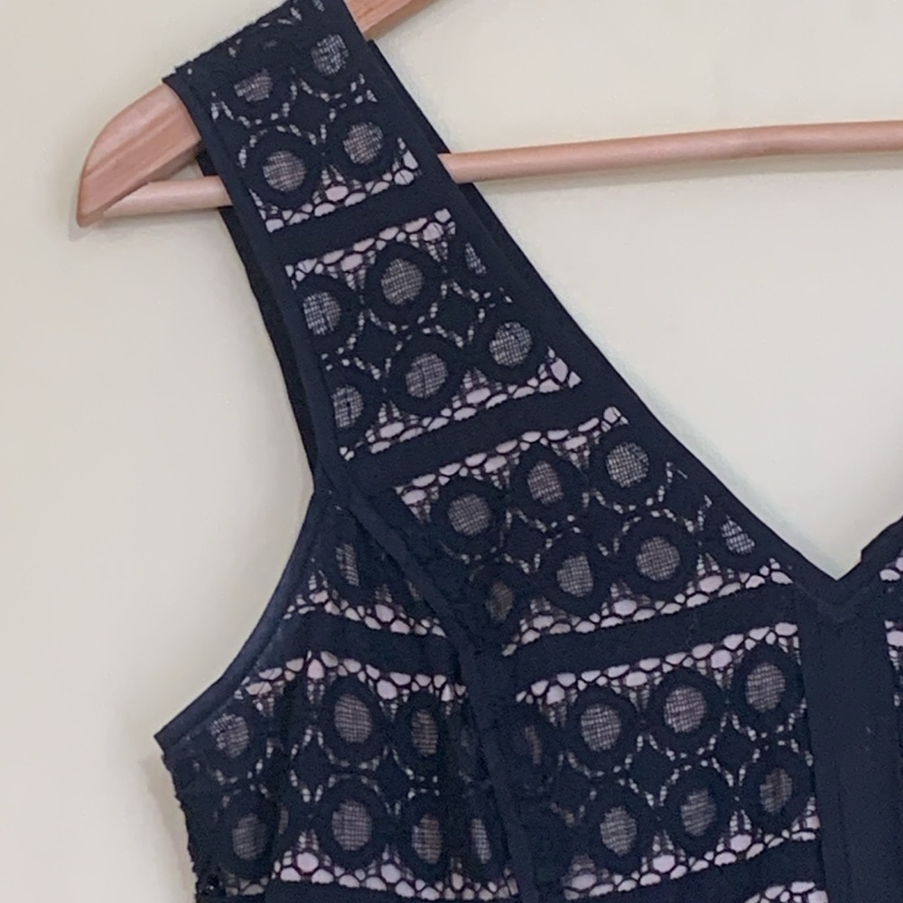 Loft | Black Tan Lace Embroideree V-Neck Sleeveless Fit & Flare Pleated Dress 2P - Picture 7 of 17